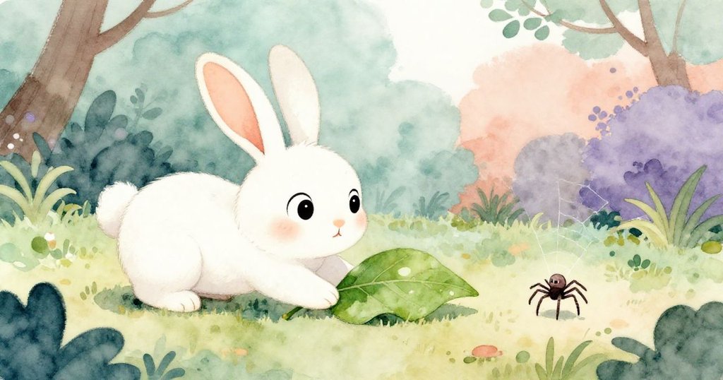 Bunny細心推動鮮綠葉子至蜘蛛旁，決定充滿溫柔與智慧，背景展現自然庭園的生機。
