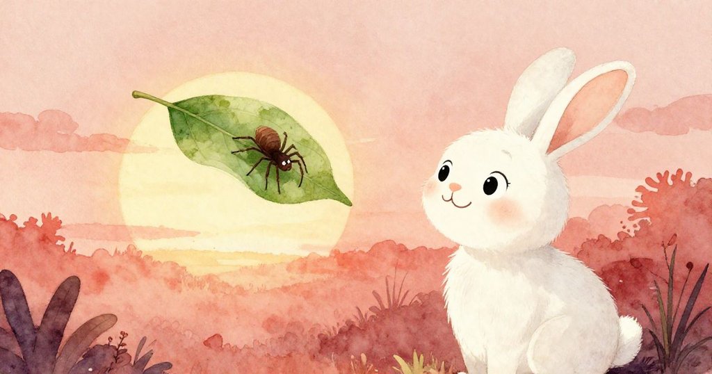 在金色夕陽下Bunny微笑守望蜘蛛踏上浮動的葉子，水面柔光映襯草地，結局充滿溫馨與友誼。