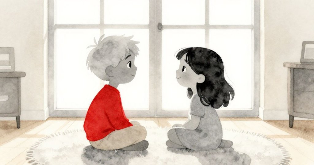 Tom與妹妹坐在明亮房間內的地毯上,窗外光線灑入,呈現溫馨家居氣氛,情緒愉快。