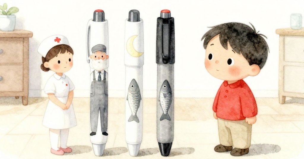 Tom好奇注視著地上四枝各具圖案的筆,圖案分別是護士、農夫、月亮與魚,室內環境明亮溫暖。
