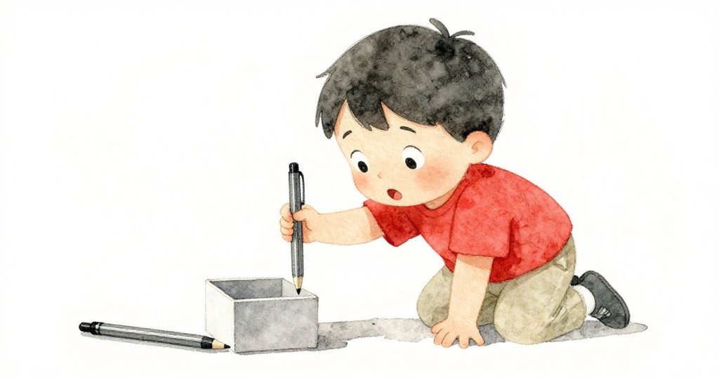 Tom選擇護士筆時,驚訝地發現農夫筆滑落到箱下,他伸手取筆,表情充滿意外與好奇。