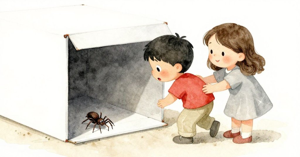 Tom彎腰找筆時發現箱下爬出的小蜘蛛,妹妹輕推箱子,場景充滿驚訝與溫柔家庭互動。