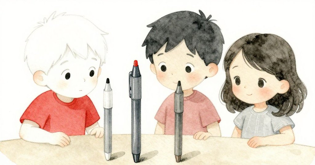 最終,四枝筆整齊排列,Tom與妹妹在背景注視著,場景充滿學習成就與溫馨意味。