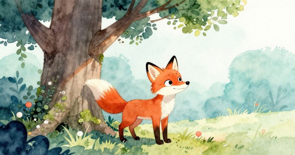 狐狸靜靜站在粗糙樹皮與綠苔交織的樹旁，陽光透過枝葉灑下，展開故事寧靜而好奇的開始。