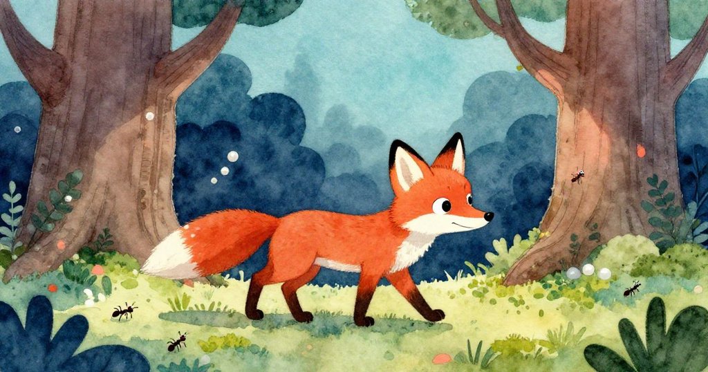 狐狸輕步走過樹下青翠綠苔，小螞蟻在苔上行進，展現森林細節與冒險旅程的初步探索。