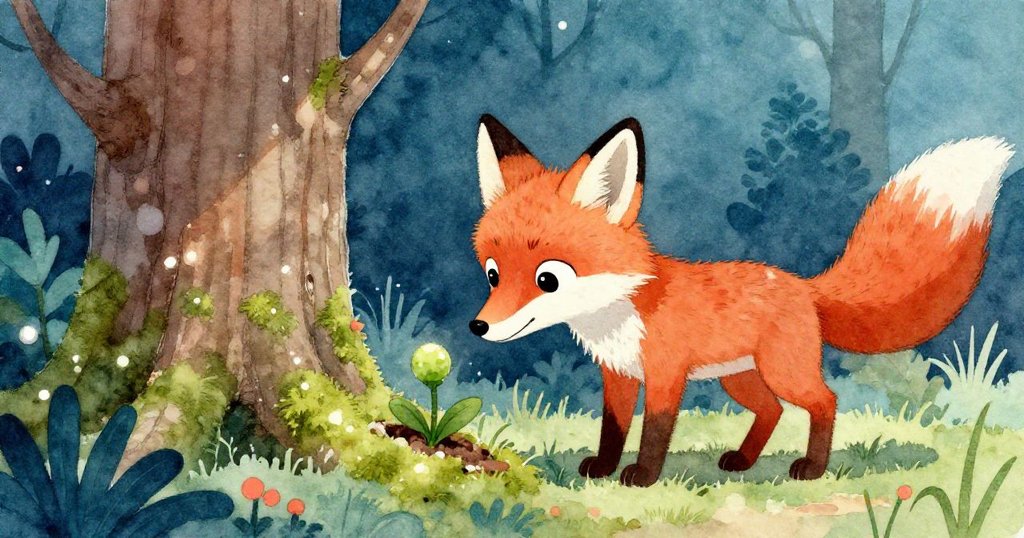 狐狸低頭仔細觀察樹幹上隱藏的小植物，陽光穿透枝葉照在神秘星芽上，臉上充滿驚奇與期待之情。