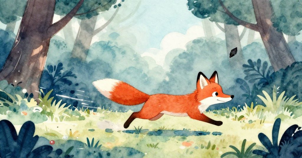 狐狸充滿活力地躍起追逐飄零黑葉，森林間光影交錯，展現冒險與緊張動感，進入故事高潮。