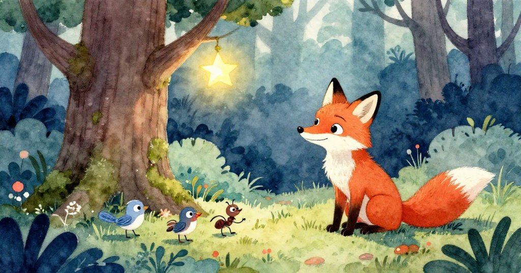 狐狸安坐樹旁，與小鳥、螞蟻相聚欣賞星芽奇蹟，斜陽灑落樹林，營造出溫馨結局與和諧氛圍。