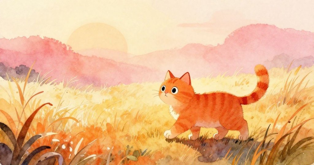 米洛在晨曦中走過柔軟搖曳草地，溫暖陽光灑遍大地，充滿好奇與期待展現冒險開端