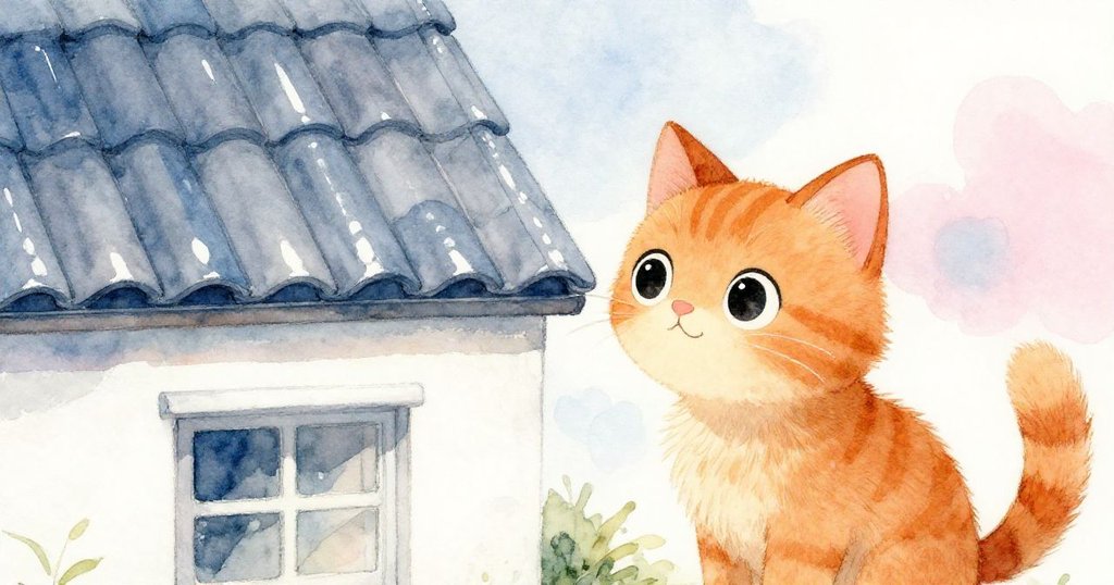 米洛仔細觀察著白房子閃亮屋頂，專注與好奇表情並存，柔和光線映出神秘韻味