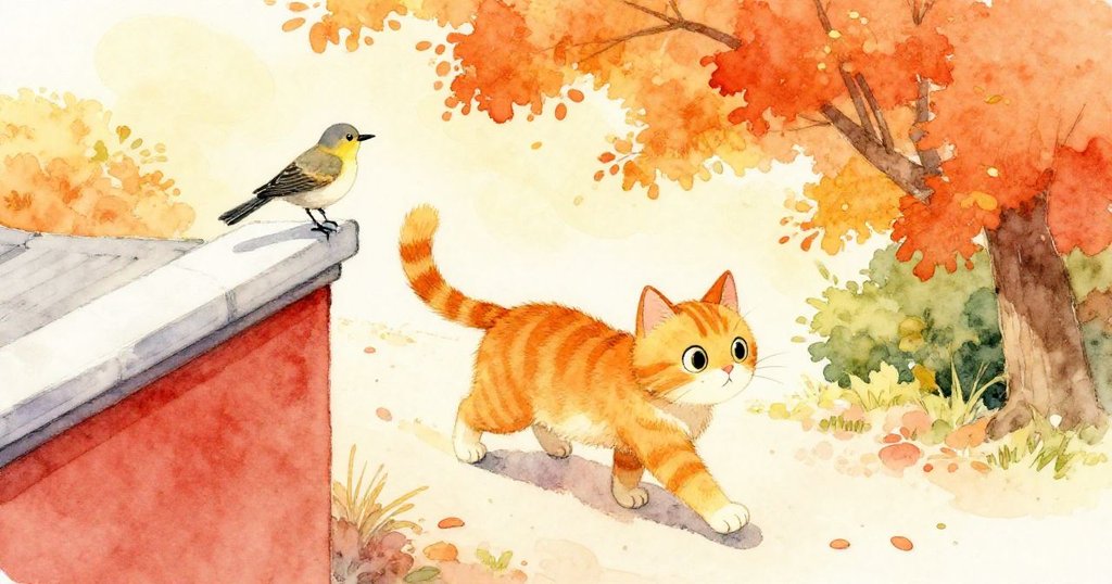 從鳥瞰視角看見米洛在房屋下悠然行走，屋頂上鳥兒靜靜觀察，陽光映照出自然和諧的故事發展