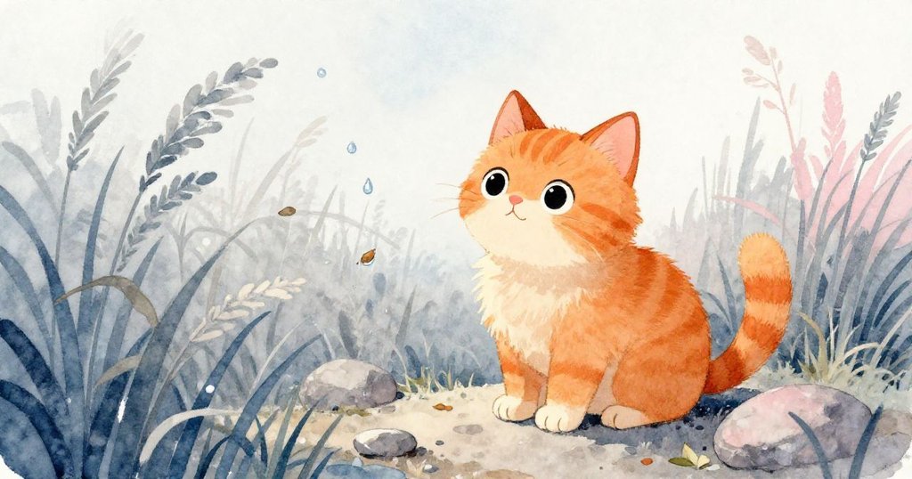 米洛停在風搖高雜草和石旁，注視著落葉和水珠，展現出季節變換中驚奇與細膩情感