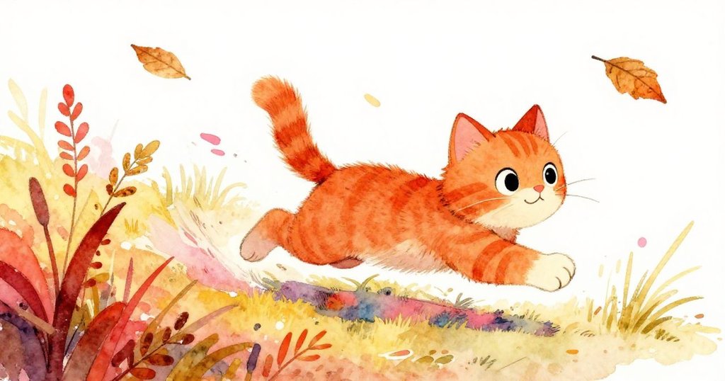 米洛迅速轉身追逐飄落的葉子，背景雜草隨風搖曳，展現出緊迫動作和活力四射的情節