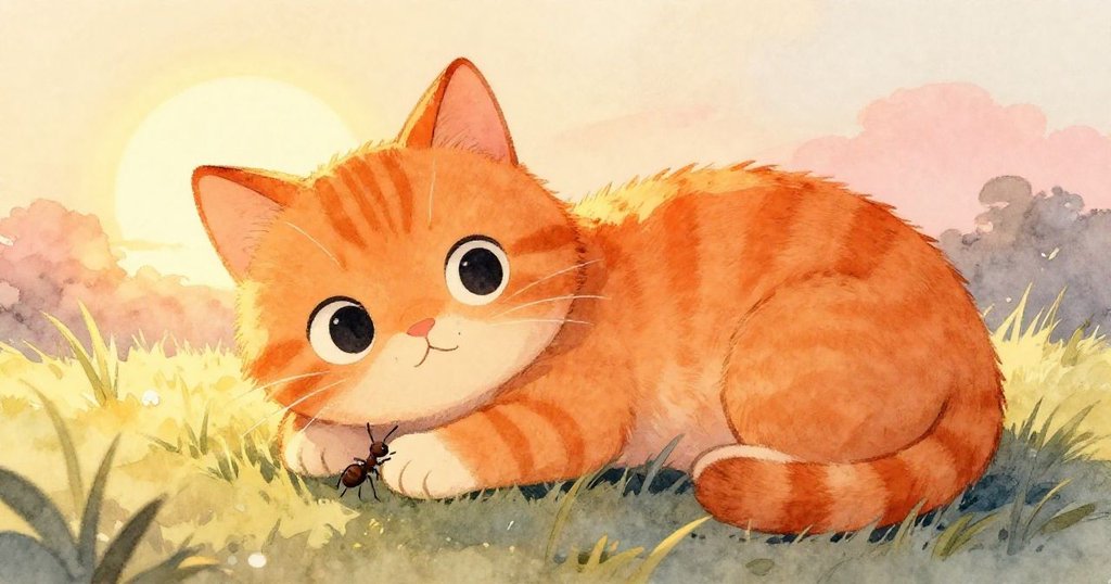 米洛在夕陽余暉中安靜回到起點草地，臉上充滿溫暖滿足，一隻小螞蟻停在他的爪上，展現出和諧結局