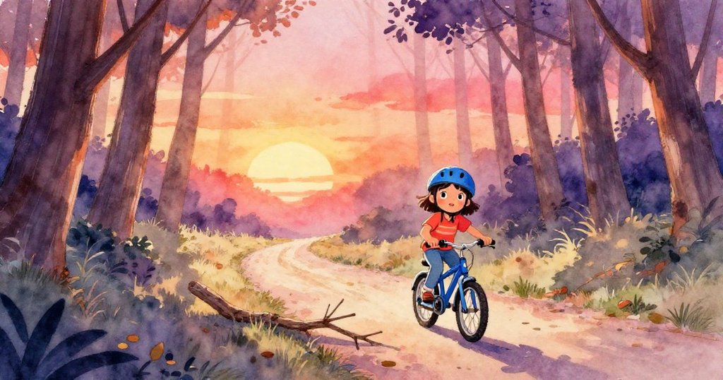 米可騎著藍色腳踏車沿著被樹蔭覆蓋的小徑前進,背景呈現溫暖的日落色彩,她充滿活力與決心。