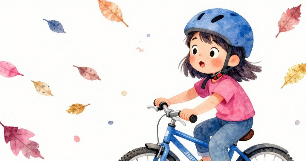 米可近距離特寫面容,眼神中流露驚喜與專注,腳踏車前輪突然停下,乾葉緩緩飛舞。