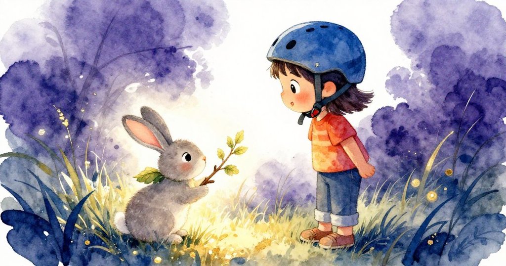 米可靜止注視,一隻灰兔從搖曳的草叢中跳出,細耳如葉輕輕探聞細枝,情緒充滿驚奇與溫柔。