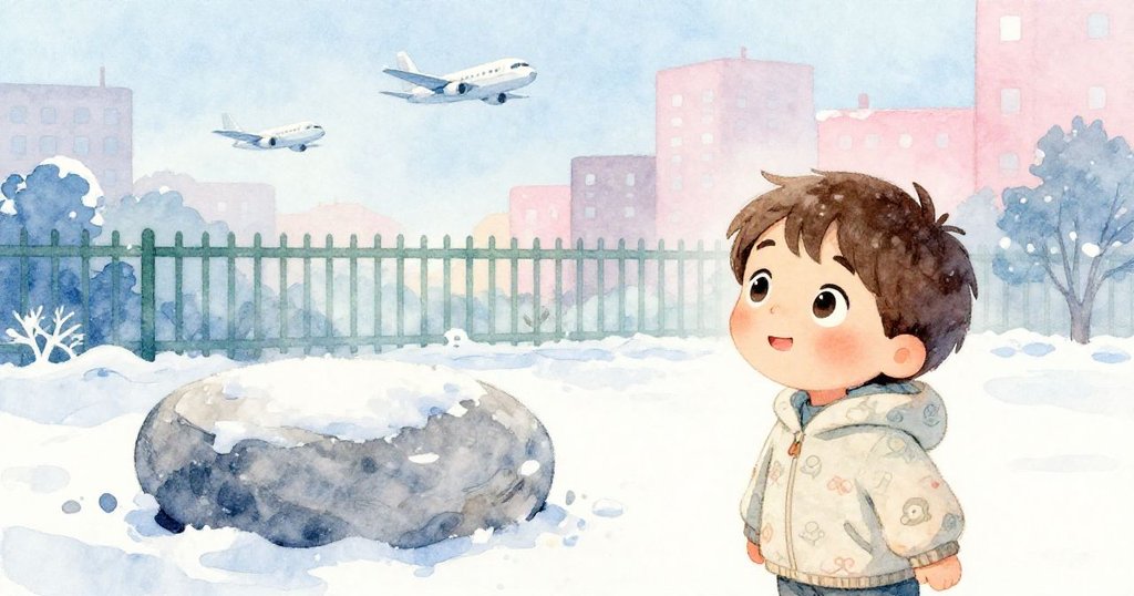 Alex 在溫暖晨光中走向石椅，背景有輕柔日出與飛機聲，充滿好奇與期待，環境呈現冰藍與粉色調。