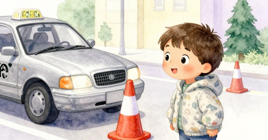 Alex 仔細觀察停靠的計程車與交通錐，輕柔光線中感到好奇與期待，象徵著改變，畫面呈現銀灰、松綠與淡薰衣草色調。