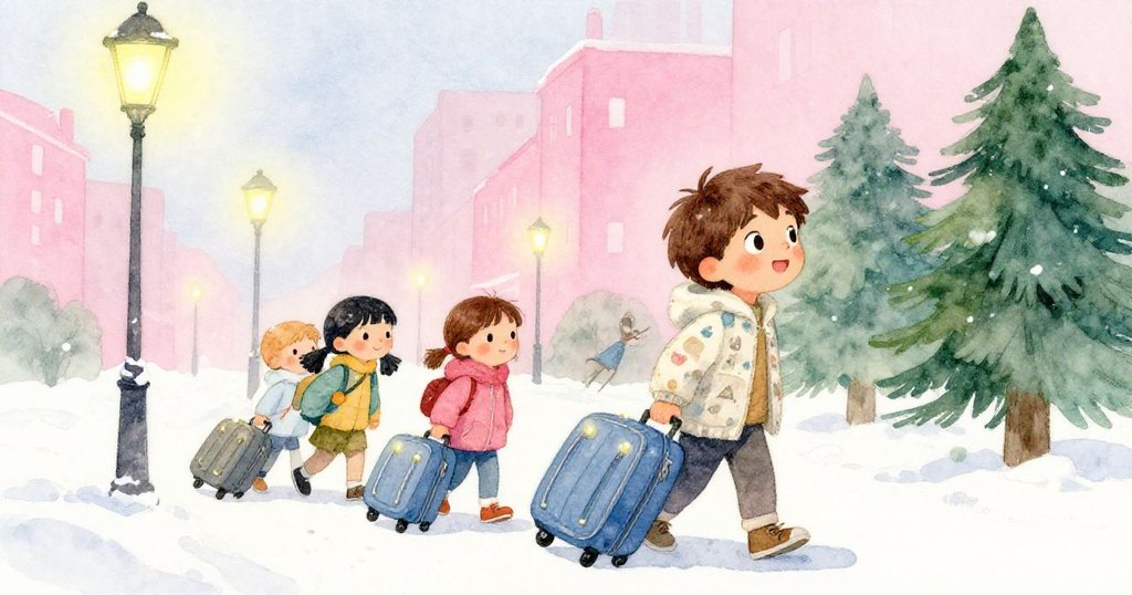 Alex 注視著街燈下金屬結構上閃爍的燈光，一家人拖著藍色行李箱，行李拉鍊發出嗡嗡聲，畫面呈現雪白、粉色與松綠色調，情景溫馨。