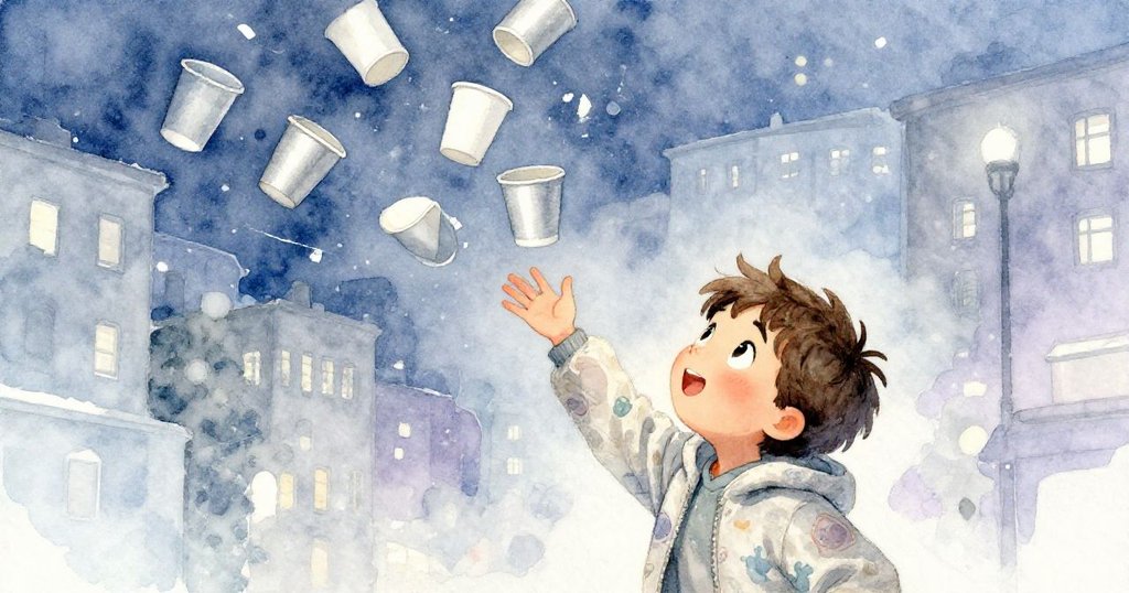 在夜色中，Alex 努力接住隨風飛舞的紙杯，感受到輪胎的震動與夜空的濃厚氛圍，臉上展現專注與微憂，色調為冰藍、銀灰與淡薰衣草。