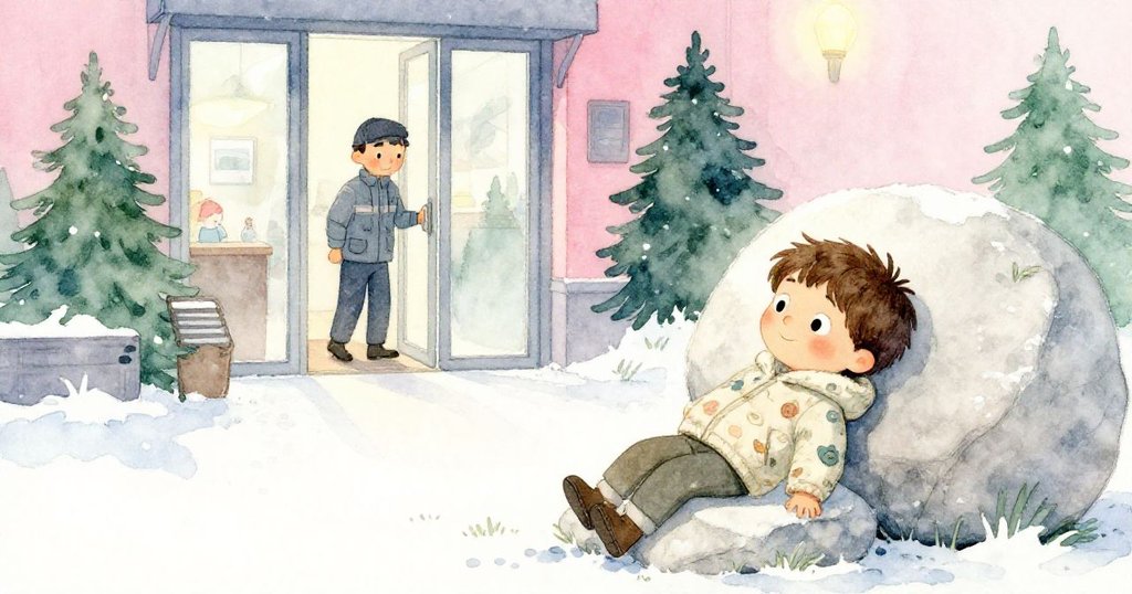 夜晚靜謐中，Alex 坐在石頭上安然休憩，旁邊工作人員推開玻璃門，低座下投射著柔和陰影，燈光輕閃，呈現雪白、松綠和粉色調。