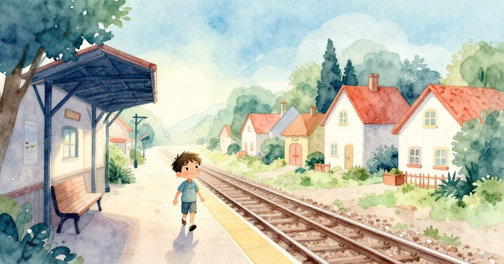 Leo在溫暖晨曦中走向村莊車站，臉上流露出好奇與期待，背景隱約出現損壞花盆與車站全景。