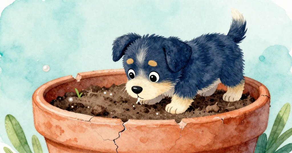 Leo旁邊破裂的花盆散落著乾土，小狗仔細嗅聞土壤，畫面洋溢童趣與細節。