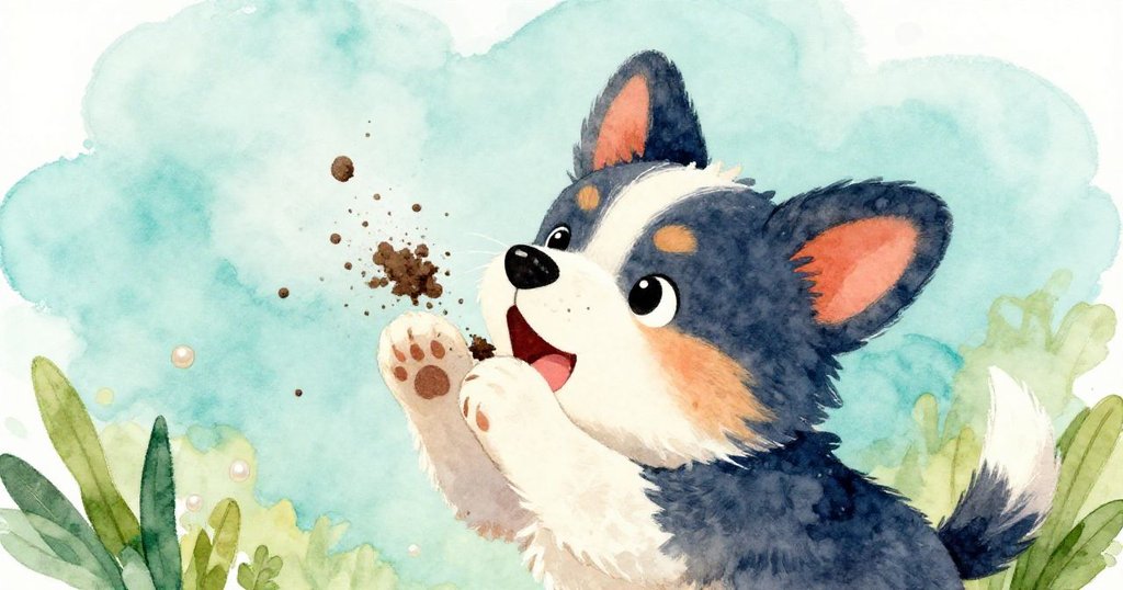 小狗以俏皮視角出現，打噴嚏時土粒飛揚，臉上帶著驚喜與活潑神情。