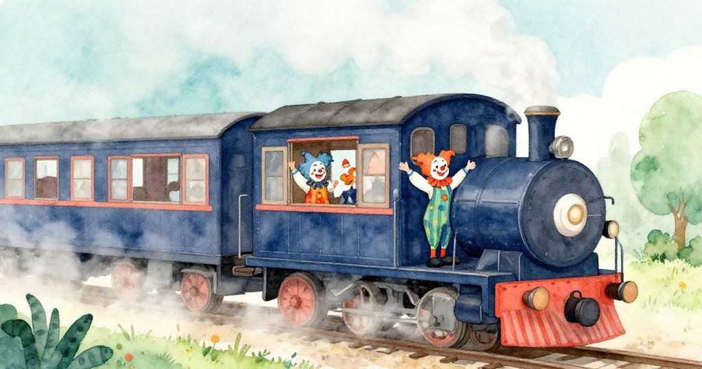 蒸汽列車安靜停靠月台，開門處冒出淡淡蒸氣，兩位小丑正快樂表演，薄霧環繞增添奇幻感。