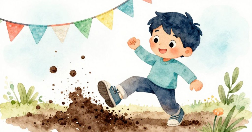 土粒圍繞著Leo的鞋子輕舞跳躍，令他露出驚喜神情，背景中節日彩旗隨風飄揚，充滿活力。