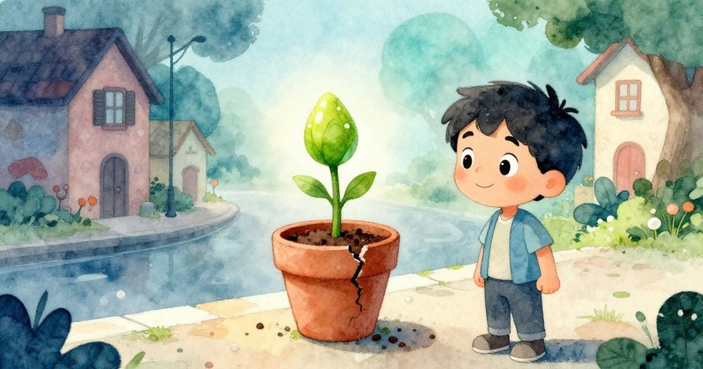 霧氣消退後，Leo傾頭觀看破裂花盆中新嫩綠芽誕生，充滿驚喜與希望，場景展現寧靜與新生。