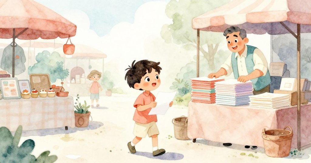 Milo站在熱鬧市集中，手持白紙，商販排列彩色紙張，陽光溫暖灑下，神情充滿好奇與期待的場景。