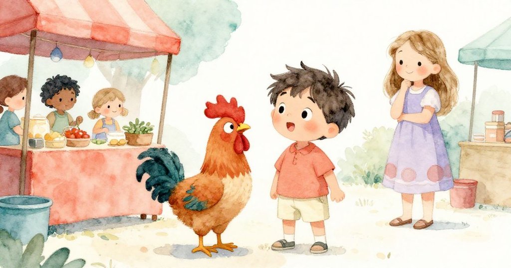 小公雞低視角觀看Milo與June在市場攤位前互動，紙張飄落，環境充滿活力與童趣。