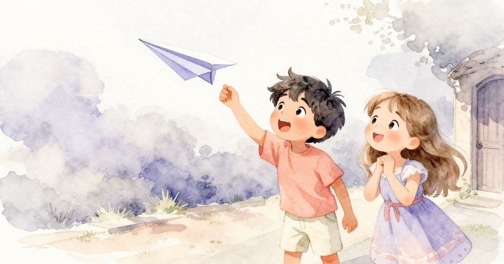 Milo與June在戶外欣喜迎風看見紙飛機起舞，市場旁空曠小路上充滿輕柔金色陽光與期待神情。
