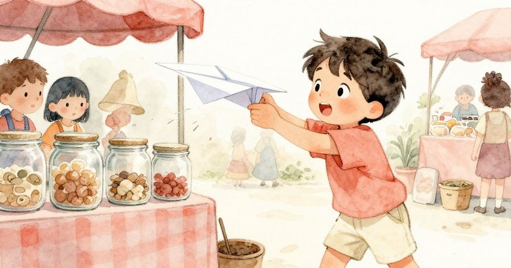 Milo專注調整紙飛機，鼻部輕碰罐子使之搖晃，旁邊孩子緊張觀看，現場充滿懸念與期盼。