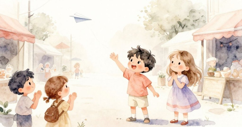 Milo與June滿意觀望紙飛機高懸，孩子們熱情鼓掌告別一天冒險，場景洋溢溫馨告別情懷。