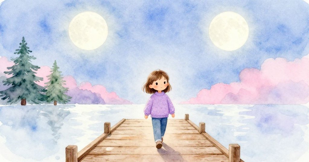 莉拉走向木碼頭，月光與柔和冰藍背景相映，她邁步迎接平靜夜晚，展現期待與溫馨情感