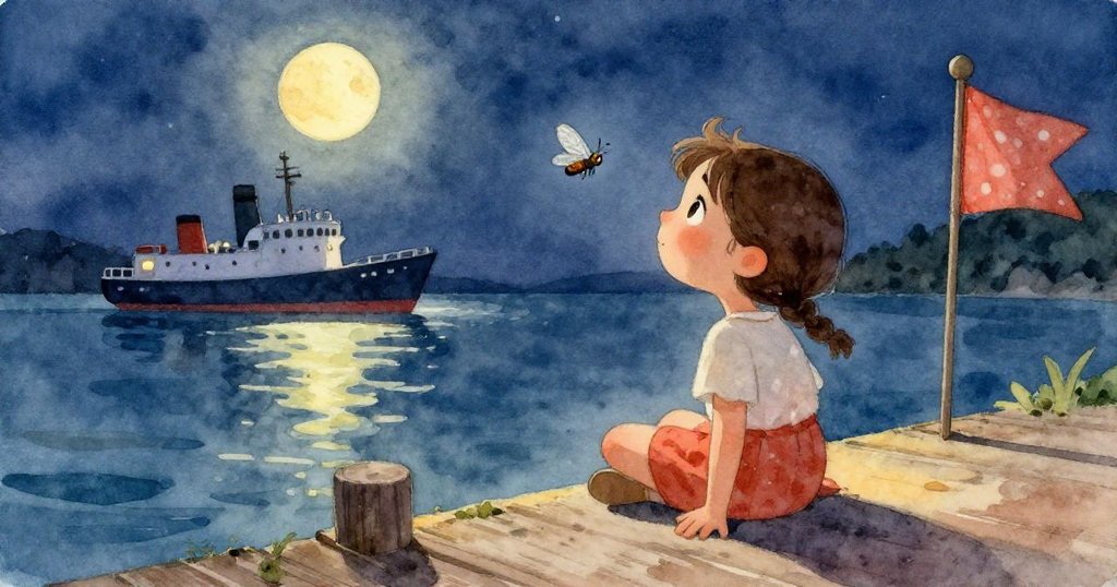 莉拉細看木柱，輕輕觸摸老舊木材，月光下展現細緻木紋與柔和夜色，情感專注且溫暖