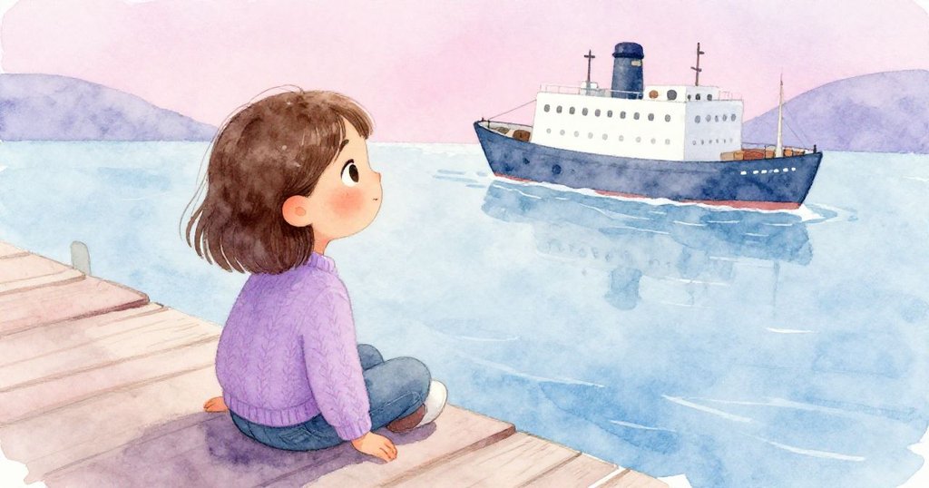 莉拉從高處凝視遠方靜默船隻，眼中滿是驚奇，旗幟細節與夜晚柔美粉紫、冰藍和淡粉色調交織呈現