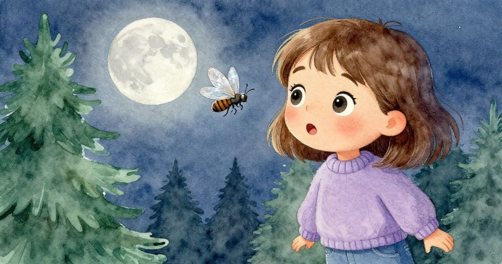 莉拉近景眨眼，細小飛蟲輕掠眼前，月光與冰藍冷調營造出清新夜風中驚喜神情