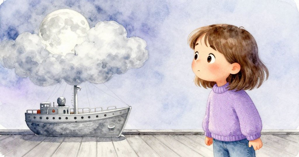 莉拉專注注視雲朵掠過月亮使船面瞬暗，表情中流露出不確定與希望，夜景營造出戲劇緊張感