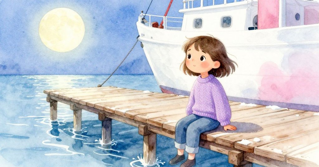 莉拉平靜坐在木碼頭上，明亮月光下船甲板恢復光澤，水聲輕敲木柱，夜晚呈現寧靜與安心之美