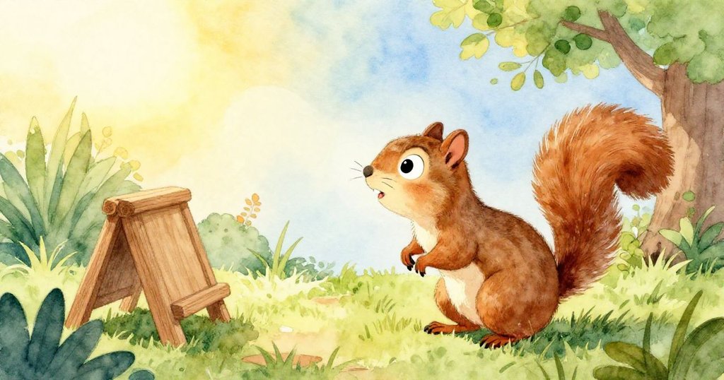 紐蒂松鼠在晴朗花園中嗅探溫暖空氣，木架與柔軟草地展現平和與好奇情緒，展開冒險序幕