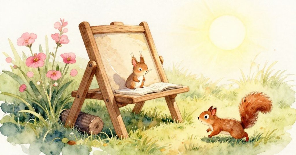 紐蒂的爪子輕觸厚重搖曳的書本，木頭紋理與草地細緻呈現，彰顯故事轉折前的細節