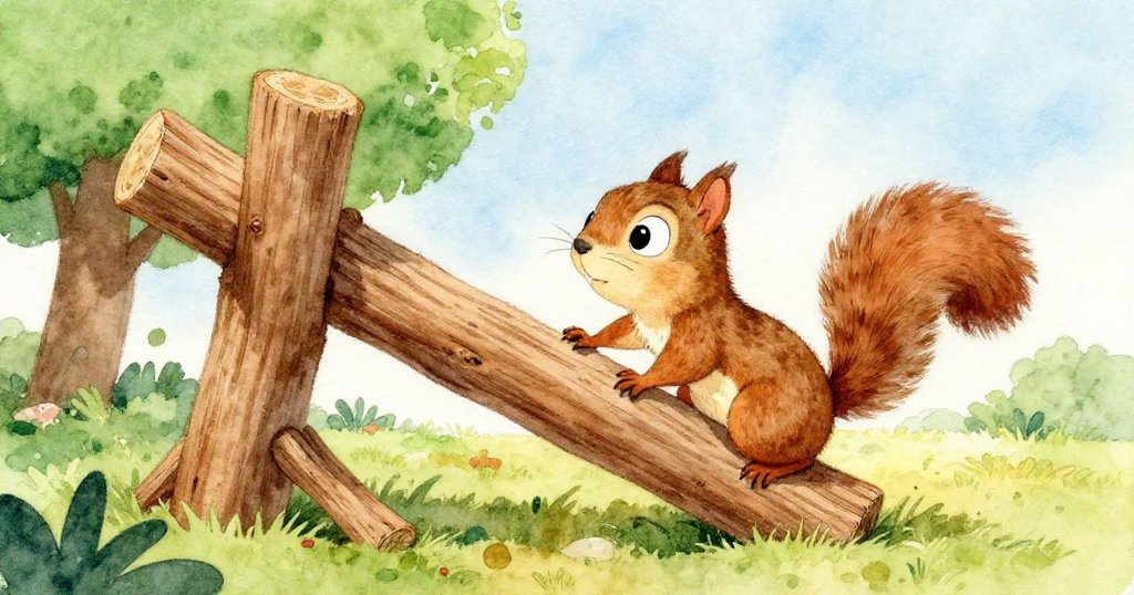 紐蒂松鼠滿懷決心攀爬顫動木架，厚書逐漸滑動，陽光下動感與活力明顯展露