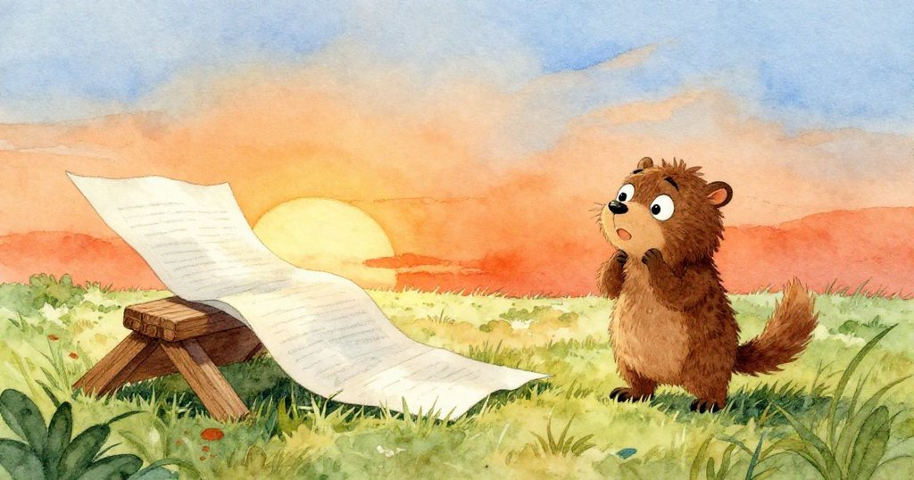 紐蒂注視著掉落草地上的厚書，穩定木架與夕陽橘光營造出寧靜轉折，心情轉為放鬆