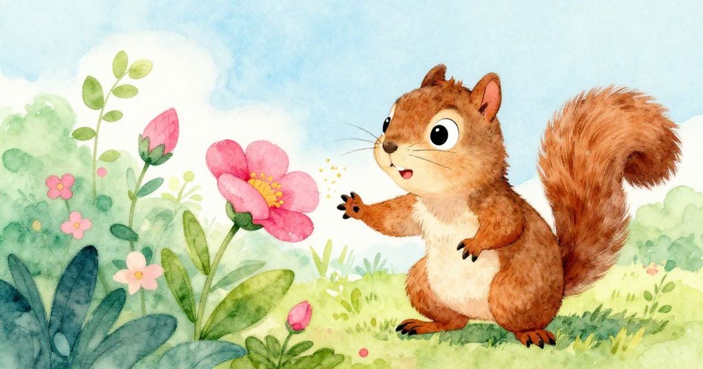 紐蒂松鼠溫柔觸碰鮮豔粉花，花粉輕沾鬚邊，草地花園中散發溫馨自然情懷