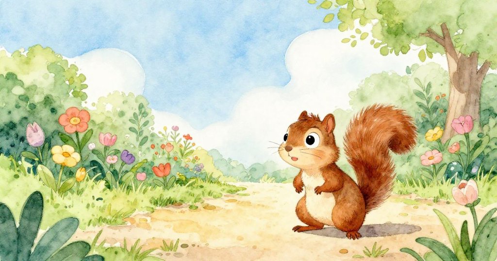 紐蒂松鼠站在伸展小徑起點，眼神充滿冒險期待，明亮晨光中展現新旅程的開端