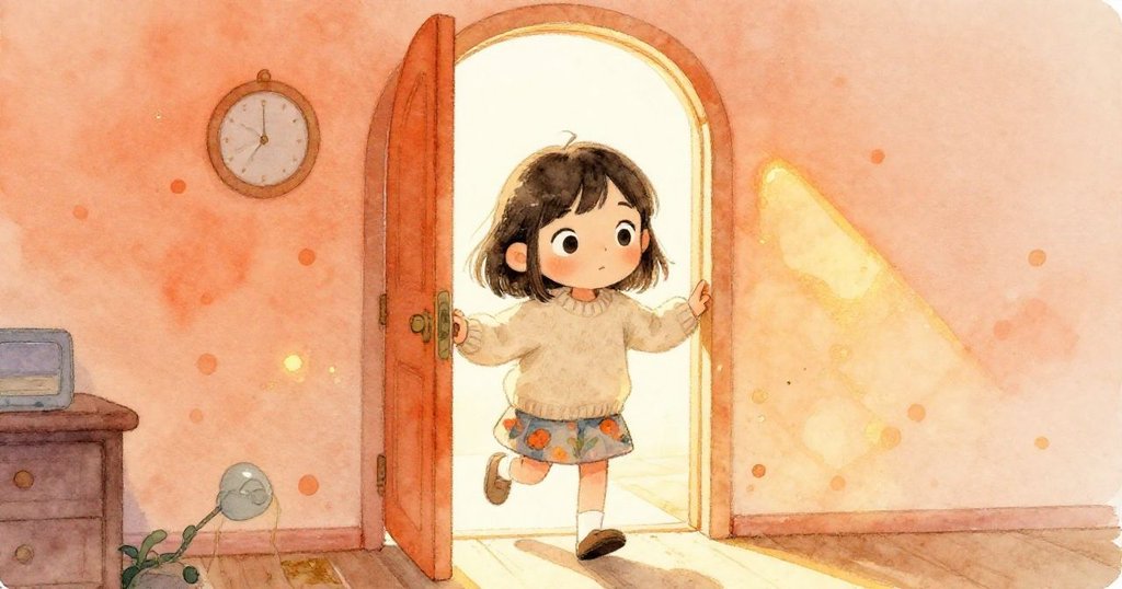 米高走進溫暖房間，金色陽光灑滿地板，牆上點點光斑輕柔散佈，心中滿懷期待與平靜。